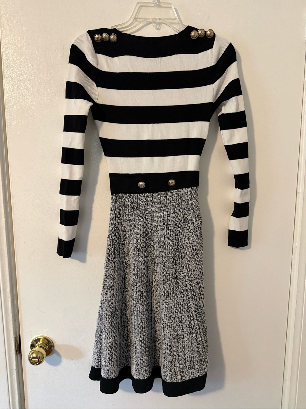 Karen Millen Black and White Striped Long Sleeve Knit Dress with Tweed Skirt